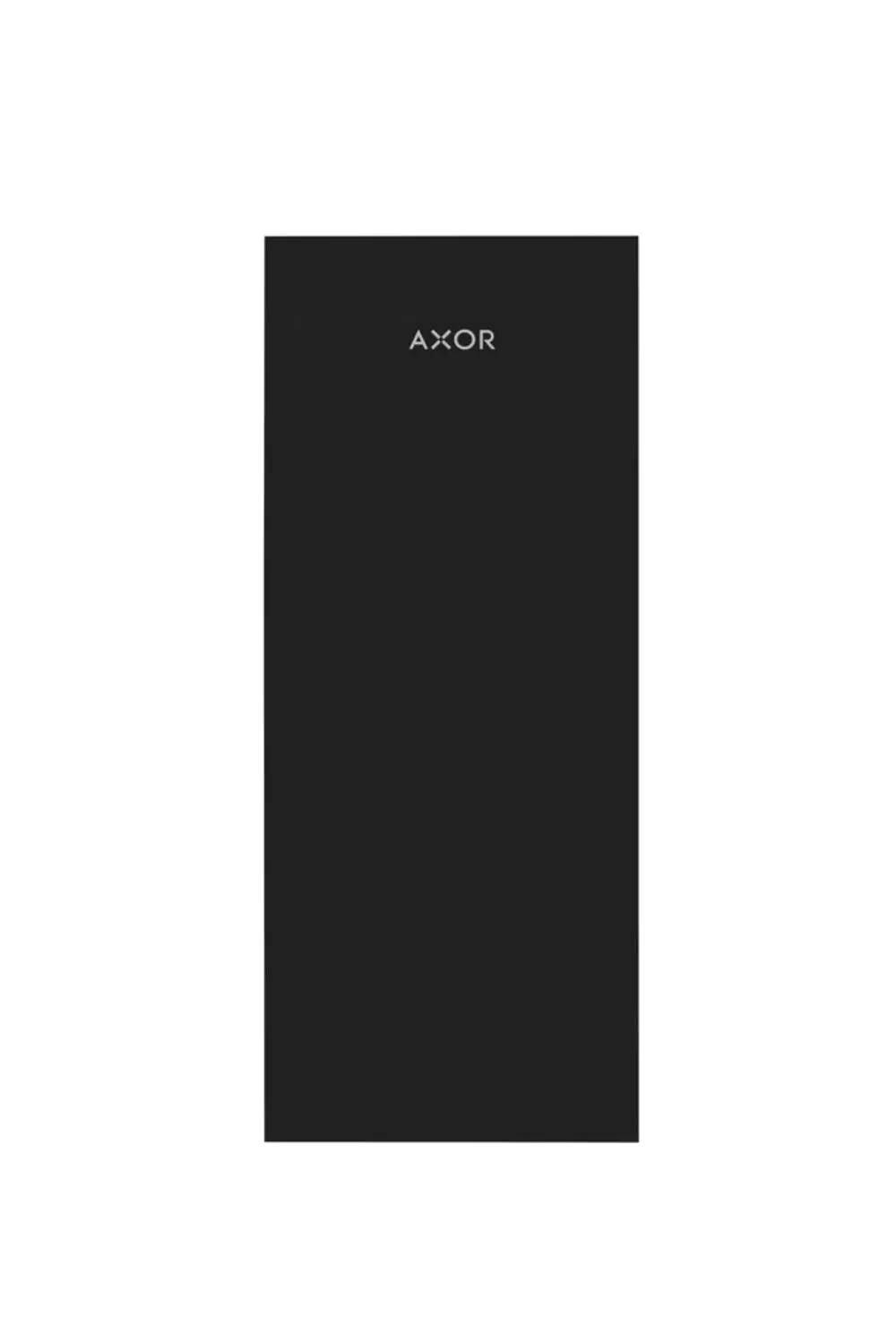 Schwarze Platte mit dem Schriftzug "AXOR" auf gerader Oberfläche, vor weißem Hintergrund platziert.